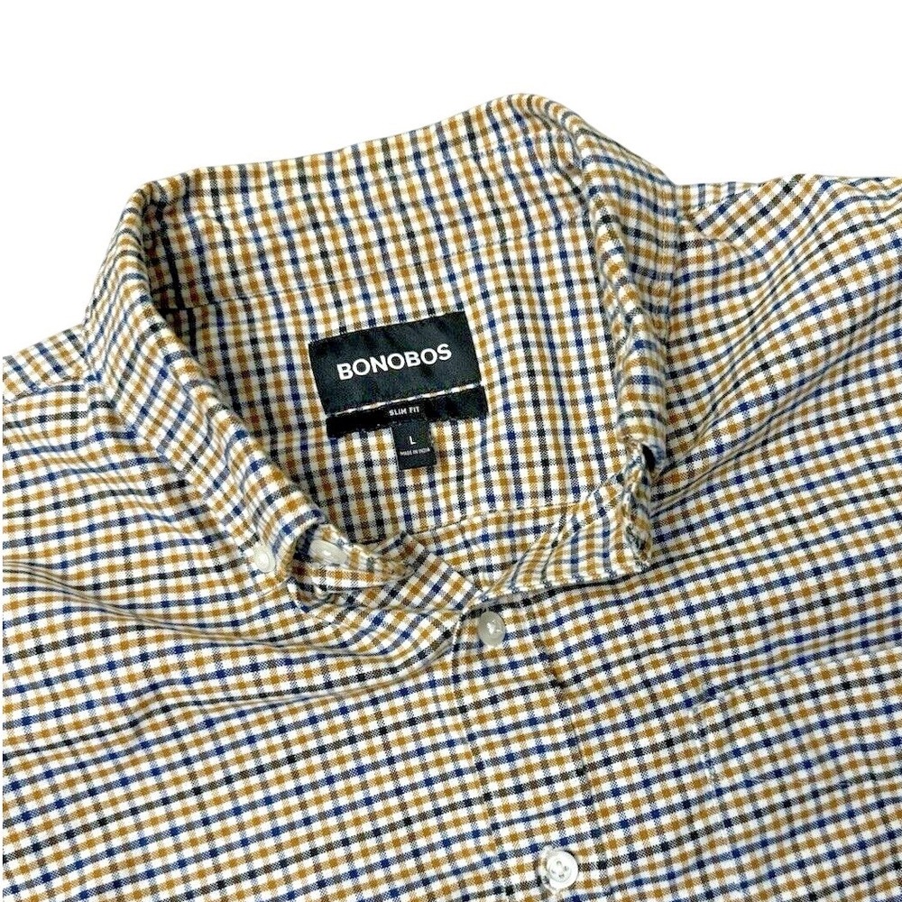 Bonobos Button Down Men's Large Blue Tan Slim Fit Cotton Check Long Sleeve Shirt